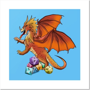 A fierce orange dragon with a forked tongue guards dnd dice Posters and Art